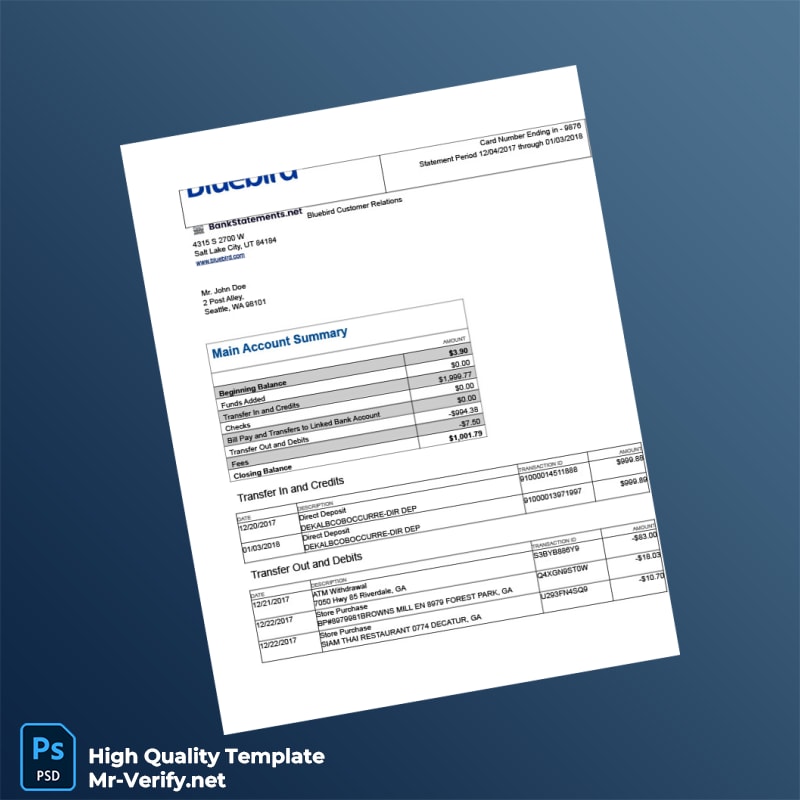 USA Bluebird Bank Statement Template in Word and PDF formats USA Bluebird Bank Statement Template in Word and PDF formats