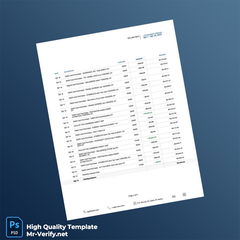USA Capital One Bank eStatement Template in Word and PDF formats page 3 USA Capital One Bank eStatement Template in Word and PDF formats page 3