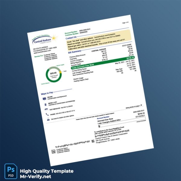 USA Central Hudson Editable Utility Bill Template in Word and PDF formats