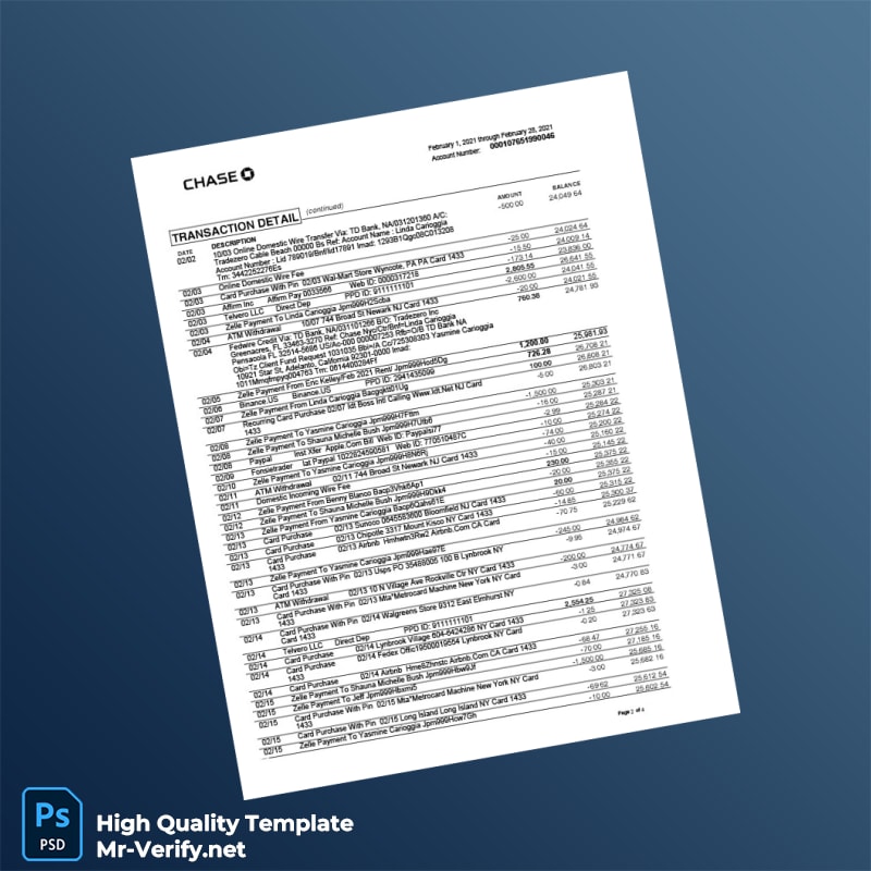 USA Chase College Checking Statement Template in Word and PDF formats page 2 USA Chase College Checking Statement Template in Word and PDF formats page 2