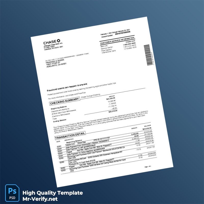 USA Chase College Checking Statement Template in Word and PDF formats USA Chase College Checking Statement Template in Word and PDF formats