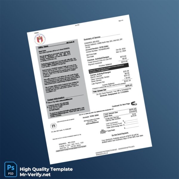 USA City of Austin Editable Electric Bill Template in Word and PDF formats