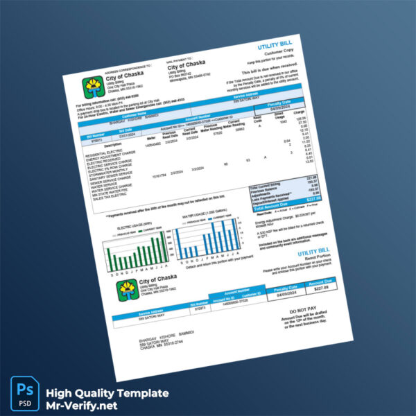 USA City of Chaska Editable Utility Bill Template in Word and PDF formats