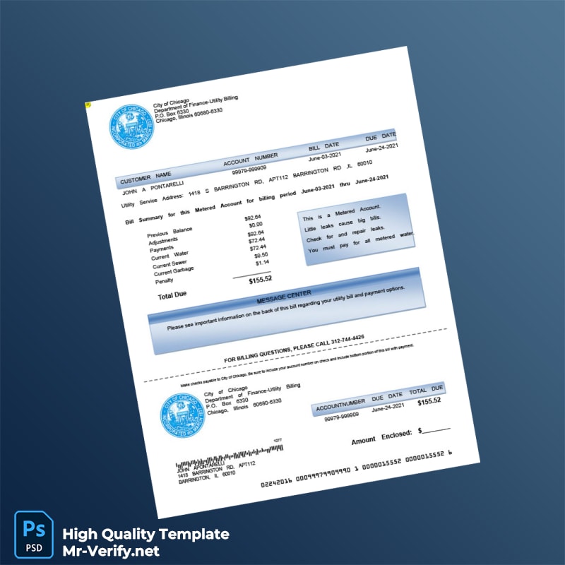 USA City of Chicago Editable Utility Bill Template in Word and PDF formats USA City of Chicago Editable Utility Bill Template in Word and PDF formats