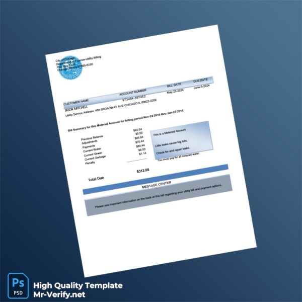 USA City of Chicago Editable Water Bill Template in Word and PDF formats