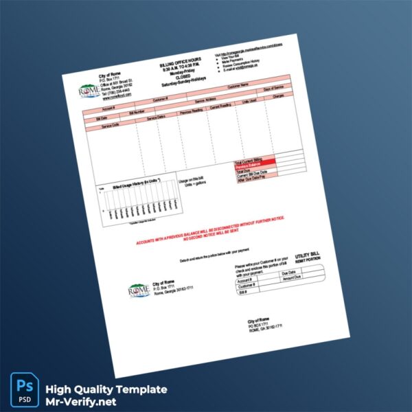USA City of Rome Editable Utility Bill Template in Word and PDF formats