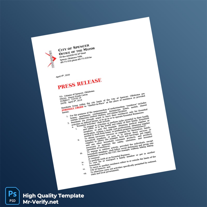 USA City of Spencer Editable Shelter-In-Place Press Release Template in Word and PDF formats USA City of Spencer Editable Shelter-In-Place Press Release Template in Word and PDF formats