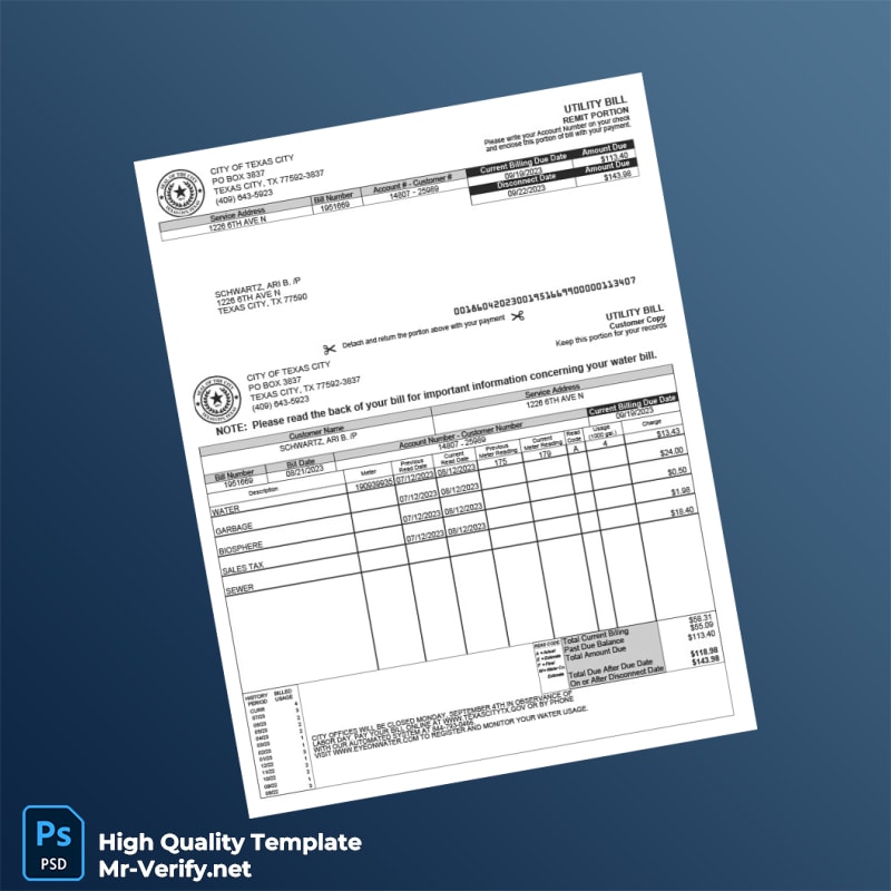 USA City of Texas City Editable Utility Bill Template in Word and PDF formats USA City of Texas City Editable Utility Bill Template in Word and PDF formats