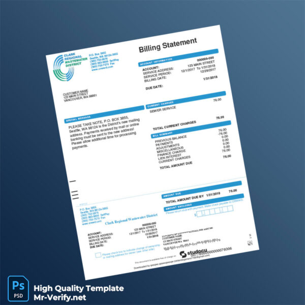 USA Clark Regional Wastewater District Editable Billing Statement Template in Word and PDF formats USA Clark Regional Wastewater District Editable Billing Statement Template in Word and PDF formats