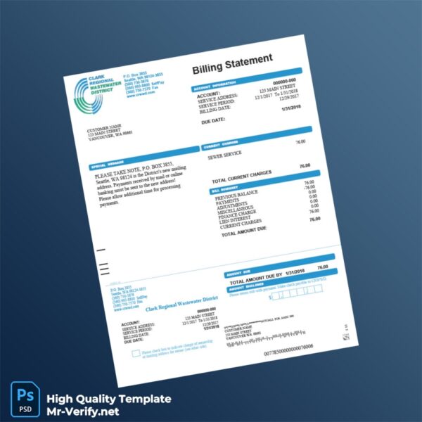 USA Clark Regional Wastewater District Editable Utility Bill Template in Word and PDF formats USA Clark Regional Wastewater District Editable Utility Bill Template in Word and PDF formats