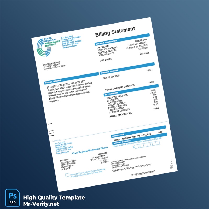 USA Clark Regional Wastewater District Editable Utility Bill Template in Word and PDF formats USA Clark Regional Wastewater District Editable Utility Bill Template in Word and PDF formats