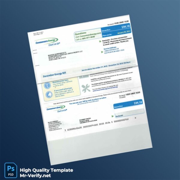 USA Consumers Energy Editable Utility Bill Template in Word and PDF formats USA Consumers Energy Editable Utility Bill Template in Word and PDF formats