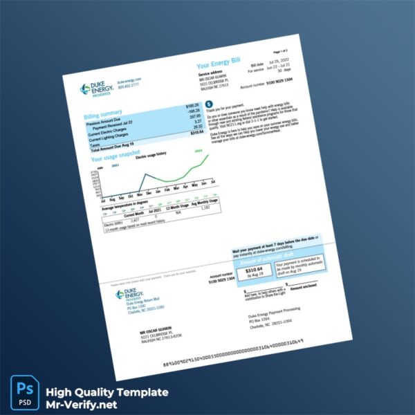 USA Duke Energy Editable Electricity Bill Template in Word and PDF formats