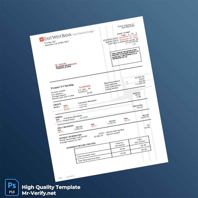 USA East West Bank Statement Template in Word and PDF formats USA East West Bank Statement Template in Word and PDF formats
