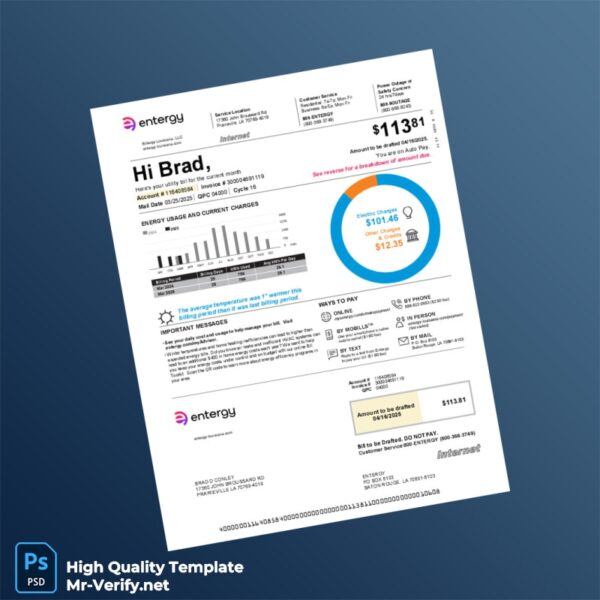USA Entergy Louisiana Editable Utility Bill Template in Word and PDF formats USA Entergy Louisiana Editable Utility Bill Template in Word and PDF formats