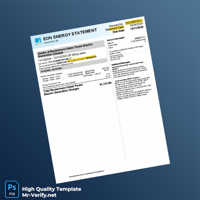 USA Eon Energy Editable Electricity Bill Template in Word and PDF formats USA Eon Energy Editable Electricity Bill Template in Word and PDF formats