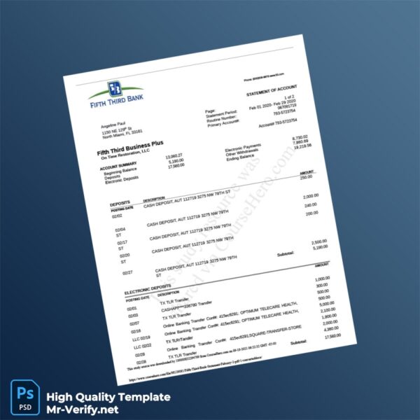 USA Fifth Third Bank Statement Template in Word and PDF formats USA Fifth Third Bank Statement Template in Word and PDF formats