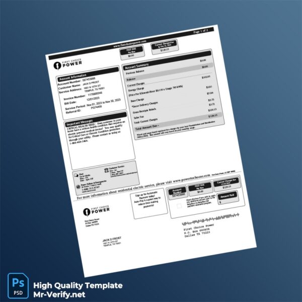 USA First Choice Power Editable Electricity Bill Template in Word and PDF formats