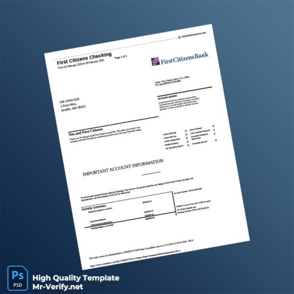 USA First Citizens Bank Statement Template in Word and PDF formats