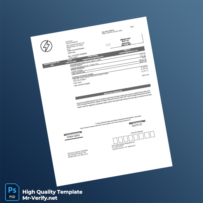 USA GDF SUEZ Energy Resources Editable Utility Bill Template in Word and PDF formats USA GDF SUEZ Energy Resources Editable Utility Bill Template in Word and PDF formats