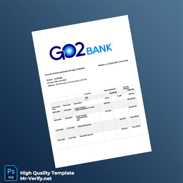 USA GO2BANK Editable Bank Statement Template in Word and PDF formats