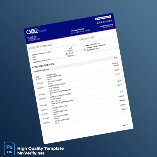 USA GO2bank Bank Statement Template in Word and PDF formats