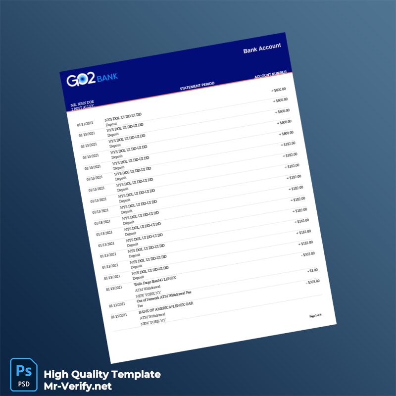 USA GO2bank Bank Statement Template in Word and PDF formats page 2 USA GO2bank Bank Statement Template in Word and PDF formats page 2