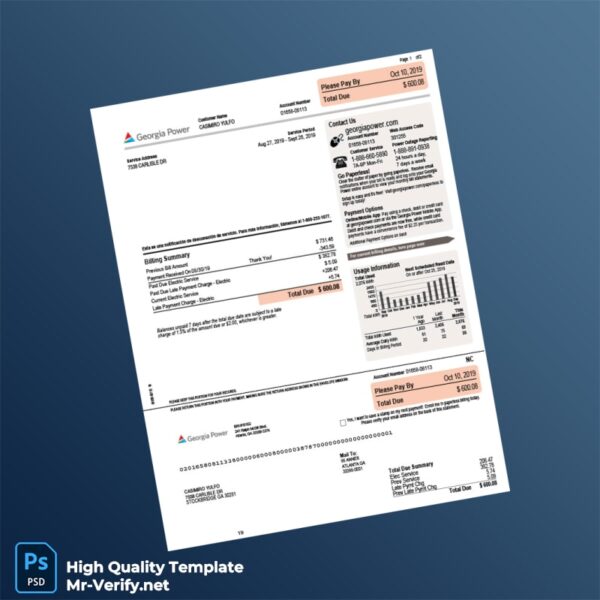 USA Georgia Power Editable Utility Bill Template in Word and PDF formats