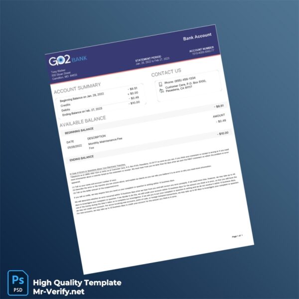 USA Go2 Bank Statement Template in Word and PDF formats USA Go2 Bank Statement Template in Word and PDF formats