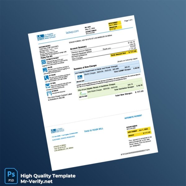 USA Los Angeles Department of Water and Power Editable Bill Template in Word and PDF formats