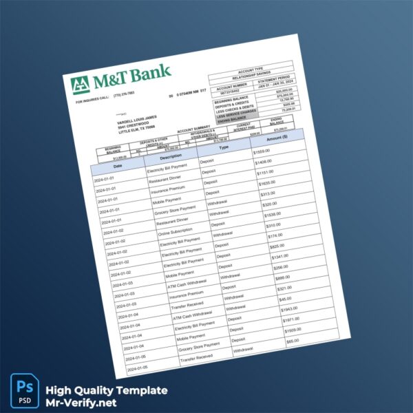 USA M T Bank Statement Template in Word and PDF formats