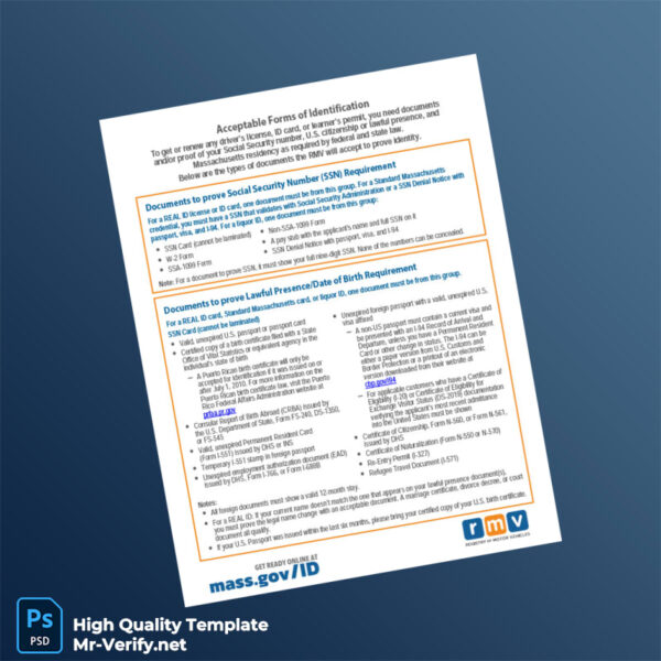 USA Massachusetts Registry of Motor Vehicles Editable Identity Document Template in Word and PDF formats