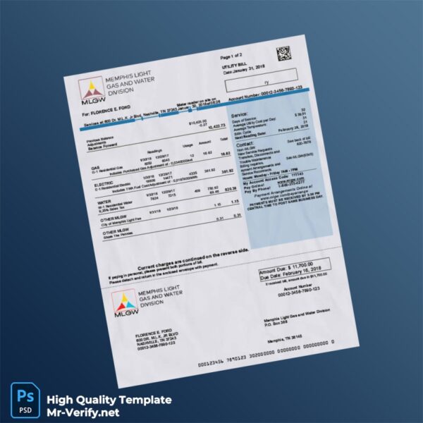USA Memphis Light Gas and Water Division Editable Utility Bill Template in Word and PDF formats