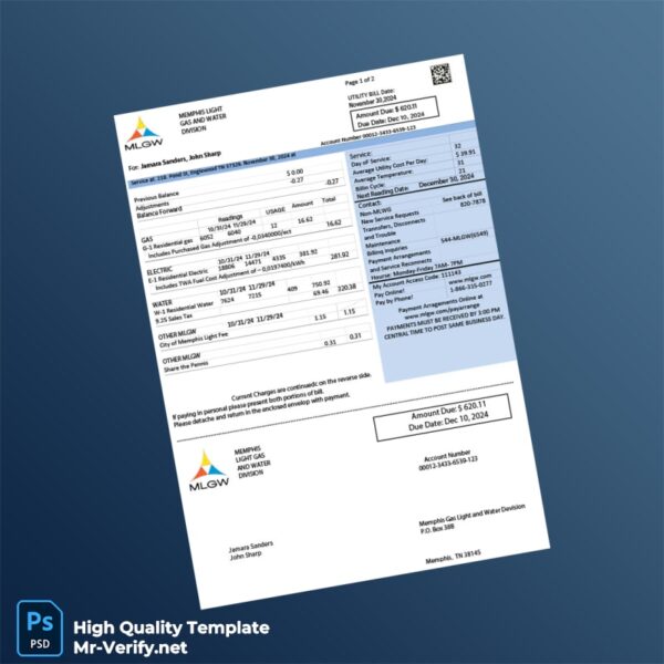 USA Memphis Light Gas and Water Editable Electric Bill Template in Word and PDF formats
