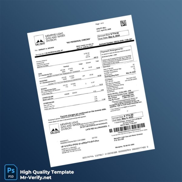 USA Memphis Light Gas and Water Editable Utility Bill Template in Word and PDF formats