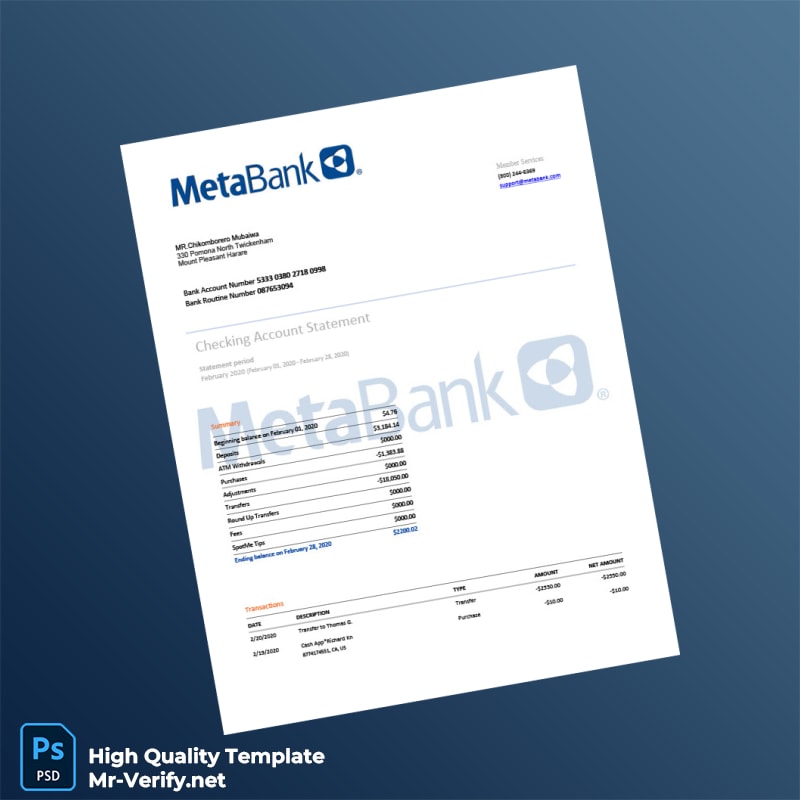 USA Metabank Bank Statement Template in Word and PDF formats USA Metabank Bank Statement Template in Word and PDF formats