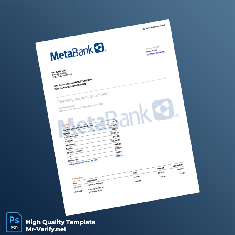 USA Metabank Checking Account Statement Template in Word and PDF formats USA Metabank Checking Account Statement Template in Word and PDF formats