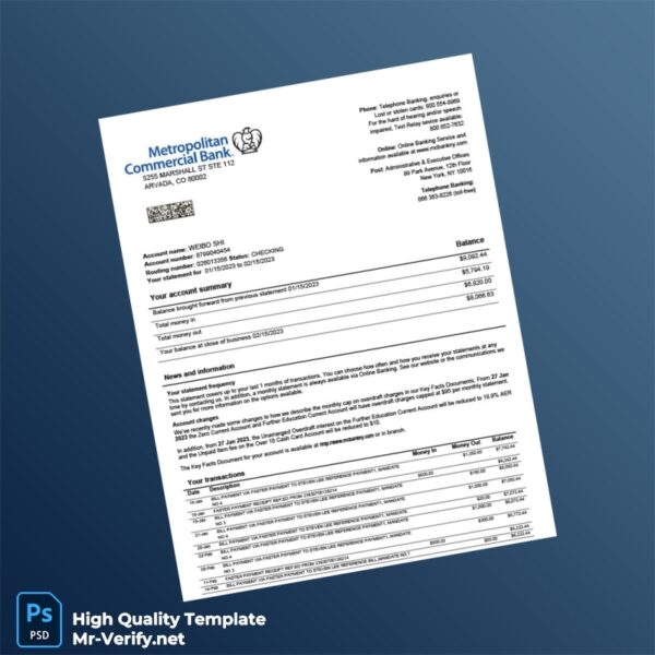 USA Metropolitan Commercial Bank Statement Template in Word and PDF formats