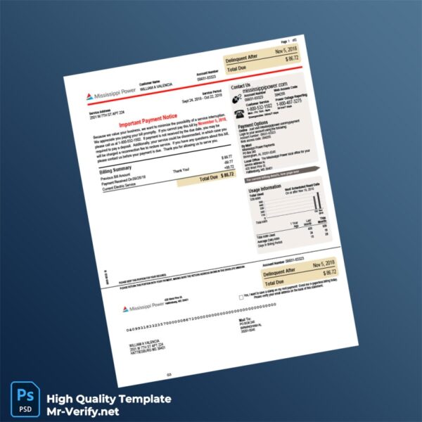 USA Mississippi Power Editable Bill Template in Word and PDF formats USA Mississippi Power Editable Bill Template in Word and PDF formats