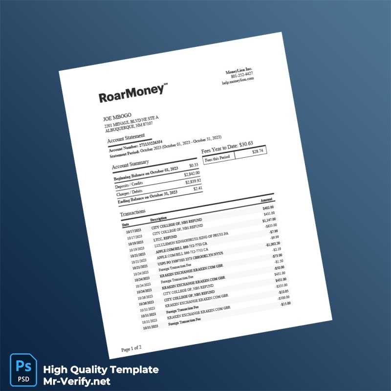 USA MoneyLion Account Statement Template in Word and PDF formats USA MoneyLion Account Statement Template in Word and PDF formats