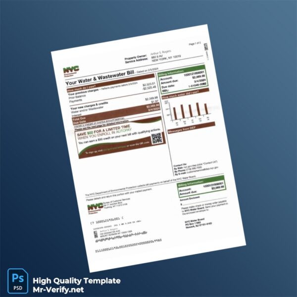 USA NYC Department of Environmental Protection Editable Water Bill Template in Word and PDF formats