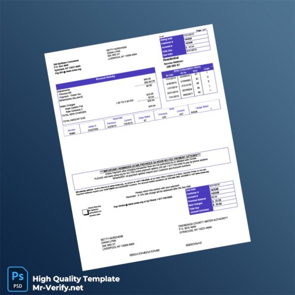 USA Onondaga County Water Authority Editable Water Bill Template in Word and PDF formats USA Onondaga County Water Authority Editable Water Bill Template in Word and PDF formats