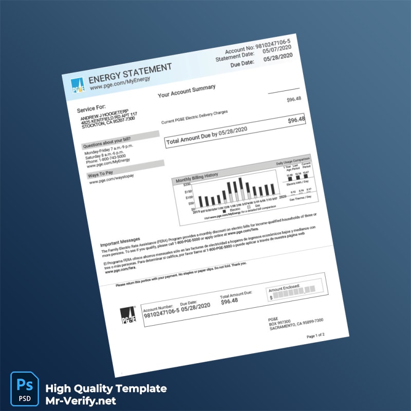 USA PG E Editable Electricity Bill Template in Word and PDF formats USA PG E Editable Electricity Bill Template in Word and PDF formats