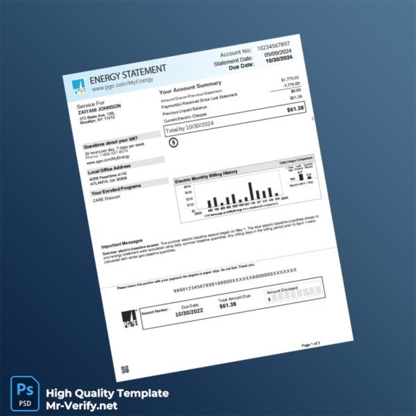 USA Pacific Gas And Electric Company Editable Energy Utility Bill Template in Word and PDF formats