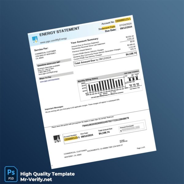USA Pacific Gas And Electric Company Editable Utility Bill Template in Word and PDF formats