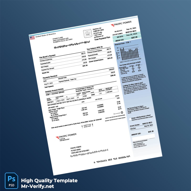 USA Pacific Power Editable Utility Bill Template in Word and PDF formats USA Pacific Power Editable Utility Bill Template in Word and PDF formats
