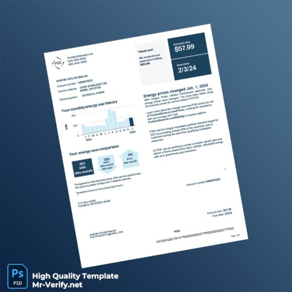 USA Portland General Editable Utility Bill Template in Word and PDF formats