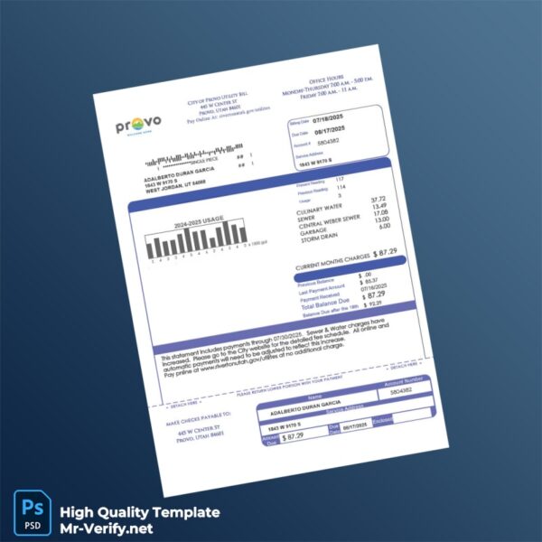 USA Provo City Utilities Editable Utility Bill Template in Word and PDF formats USA Provo City Utilities Editable Utility Bill Template in Word and PDF formats