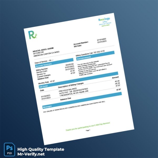 USA Recology Editable Utility Bill Template in Word and PDF formats USA Recology Editable Utility Bill Template in Word and PDF formats