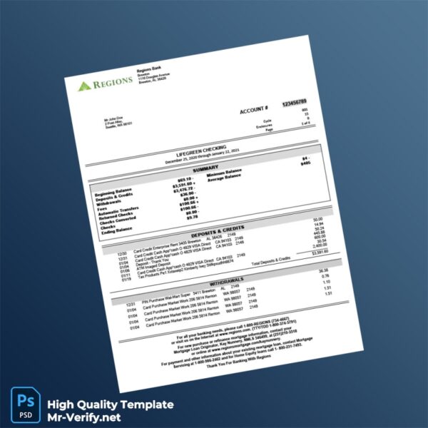 USA Regions Bank Statement Template in Word and PDF formats